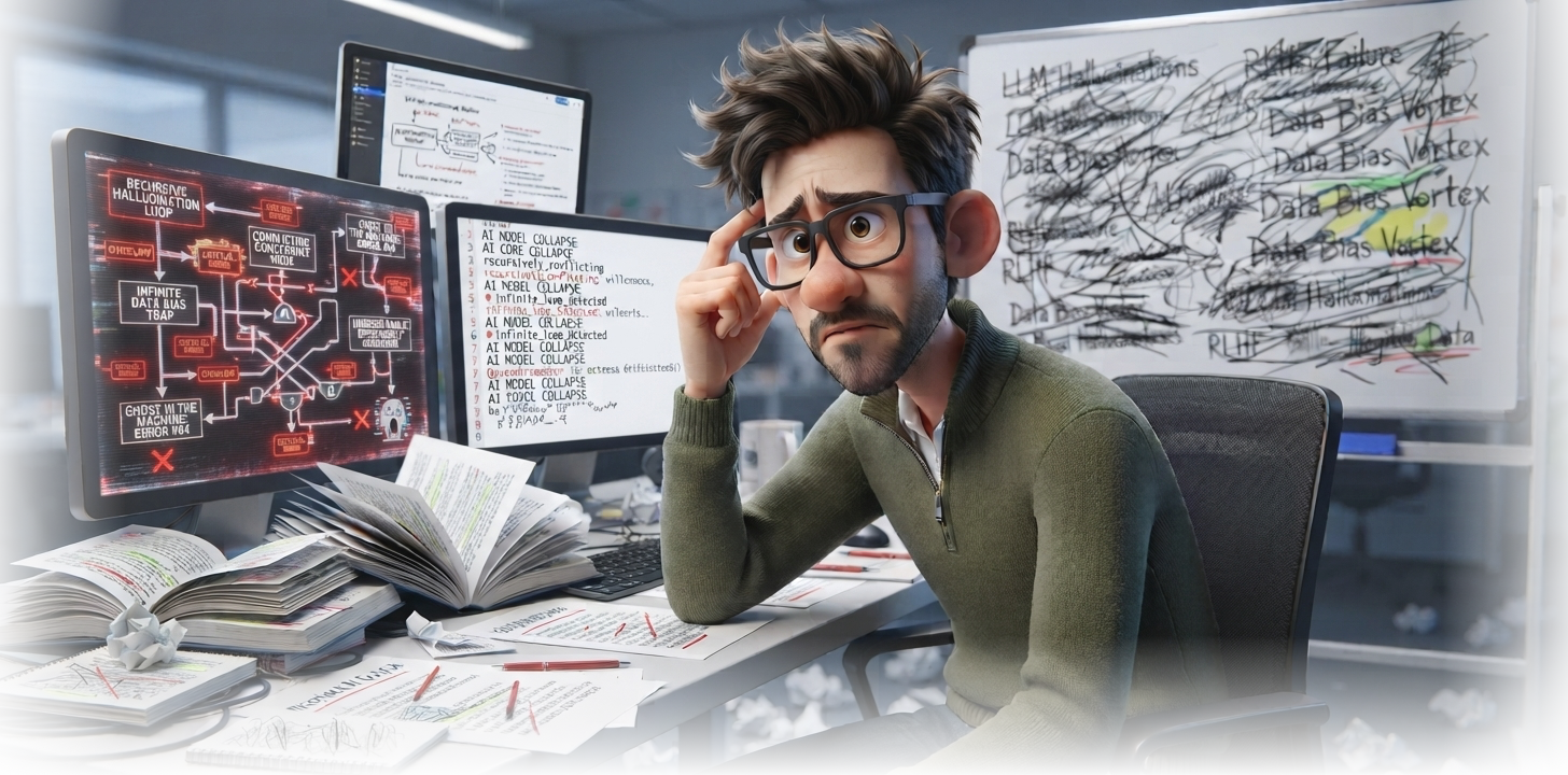Overwhelmed buyer surrounded by dozens of AI tool tabs and spreadsheets